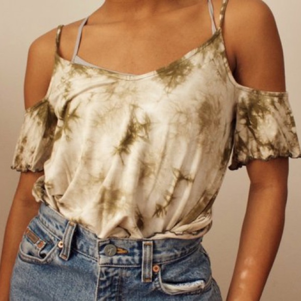 American Eagle Green and White Cut Out Top